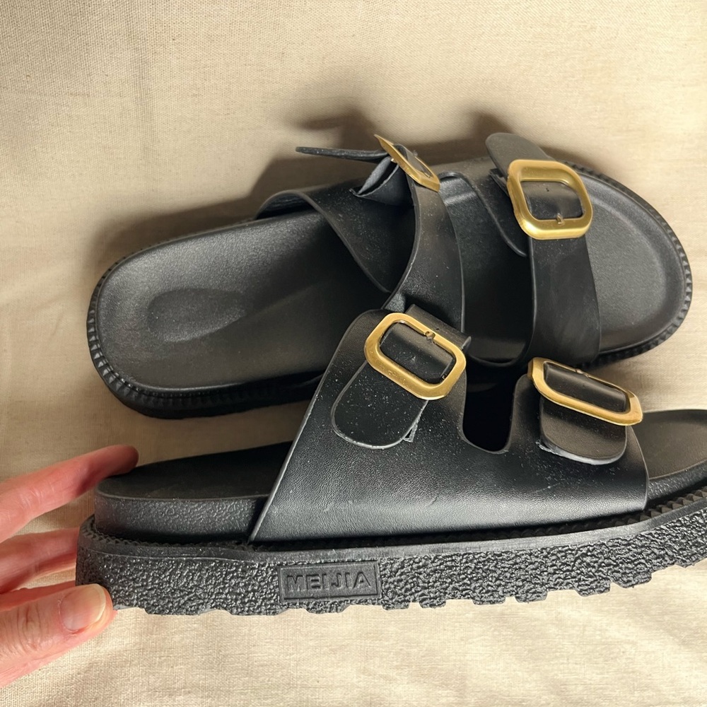 Black Meijia Sandals with Gold Buckles chunky slides